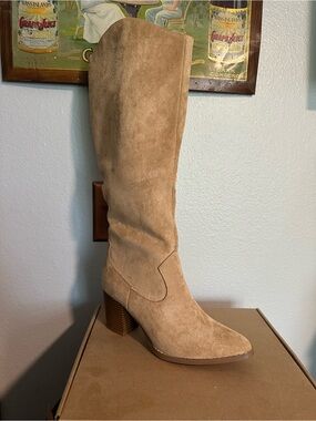 Tall Suede Block Heel Boot in Tan